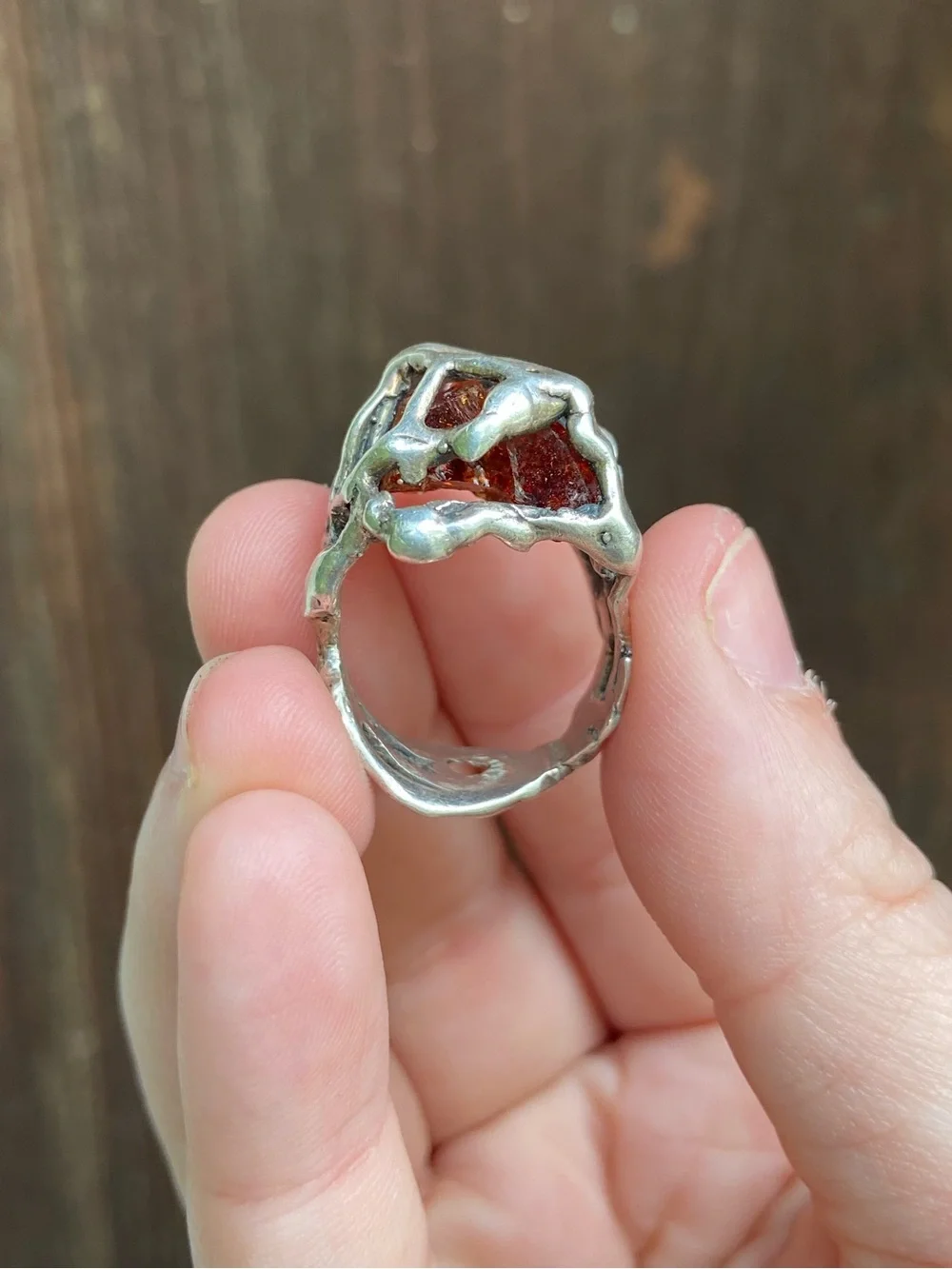 Sterling Silver Amber Brutalist Ring - Vintage